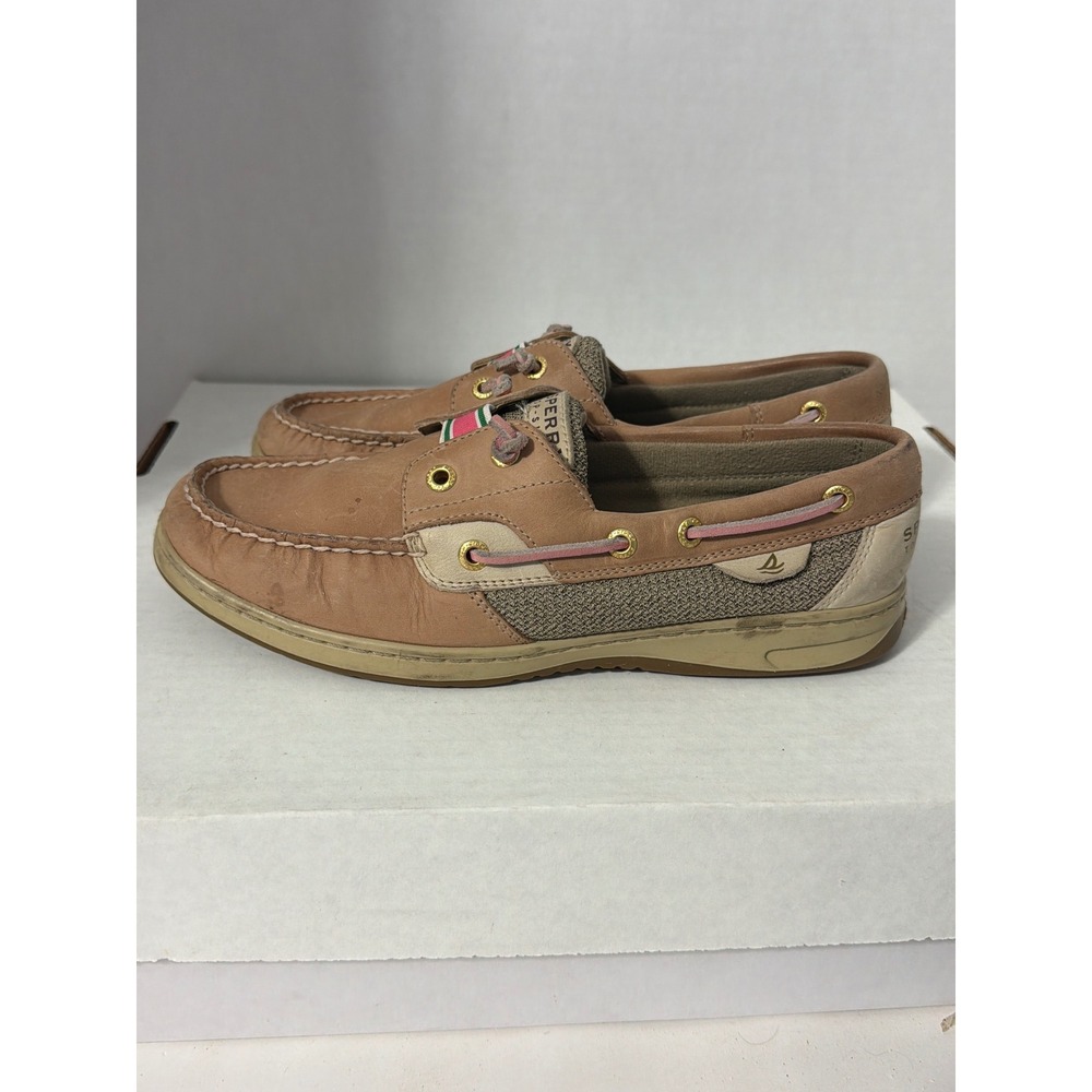 Sperry Top-Sider Angfish Tan Leather Mesh Boat Shoes Pink Green Stripe 8.5M - Picture 3 of 9
